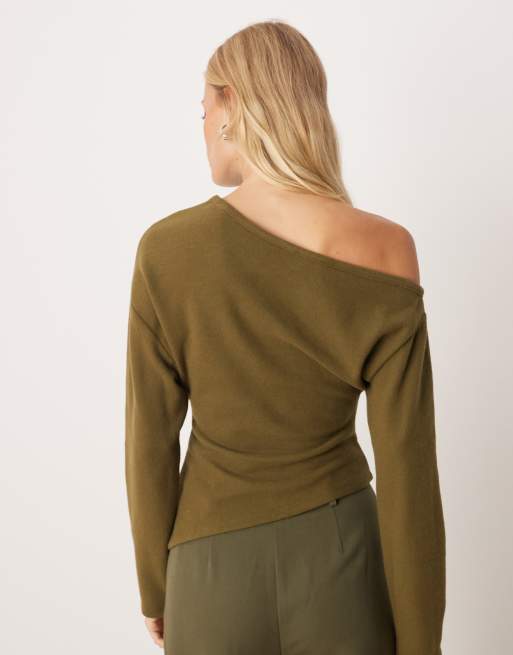 ASOS DESIGN - Top ultra-doux à manches longues et épaules dénudées avec taille corset - Kaki