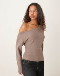 ASOS DESIGN Supersoft off shoulder corset waist long sleeve top in mocha