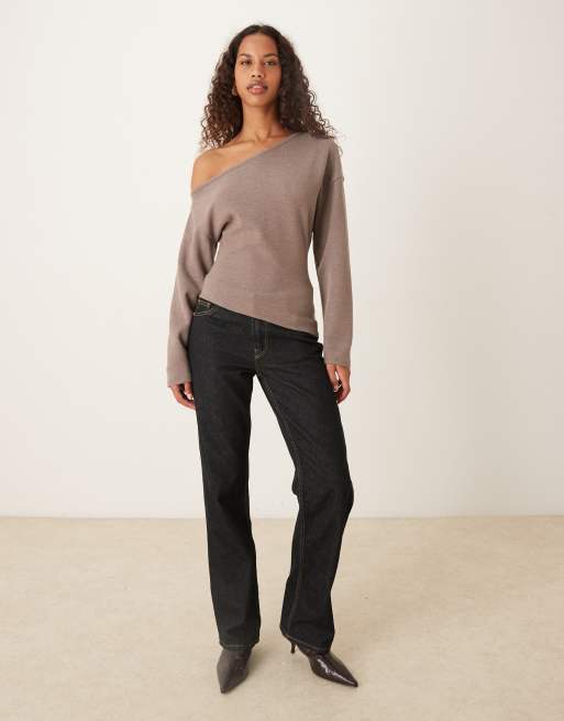 ASOS DESIGN supersoft off-shoulder corset waist long sleeve top in mocha, 2 of 4
