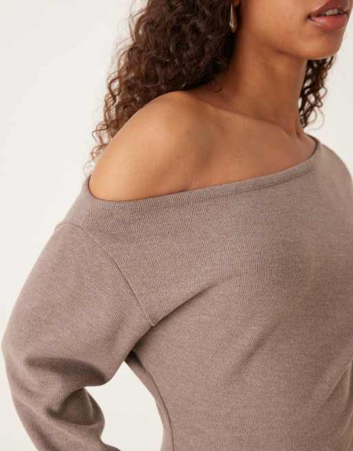 ASOS DESIGN supersoft off-shoulder corset waist long sleeve top in mocha, 4 of 4
