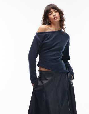 Asos Design Supersoft Off Shoulder Corset Waist Long Sleeve Top In Blue