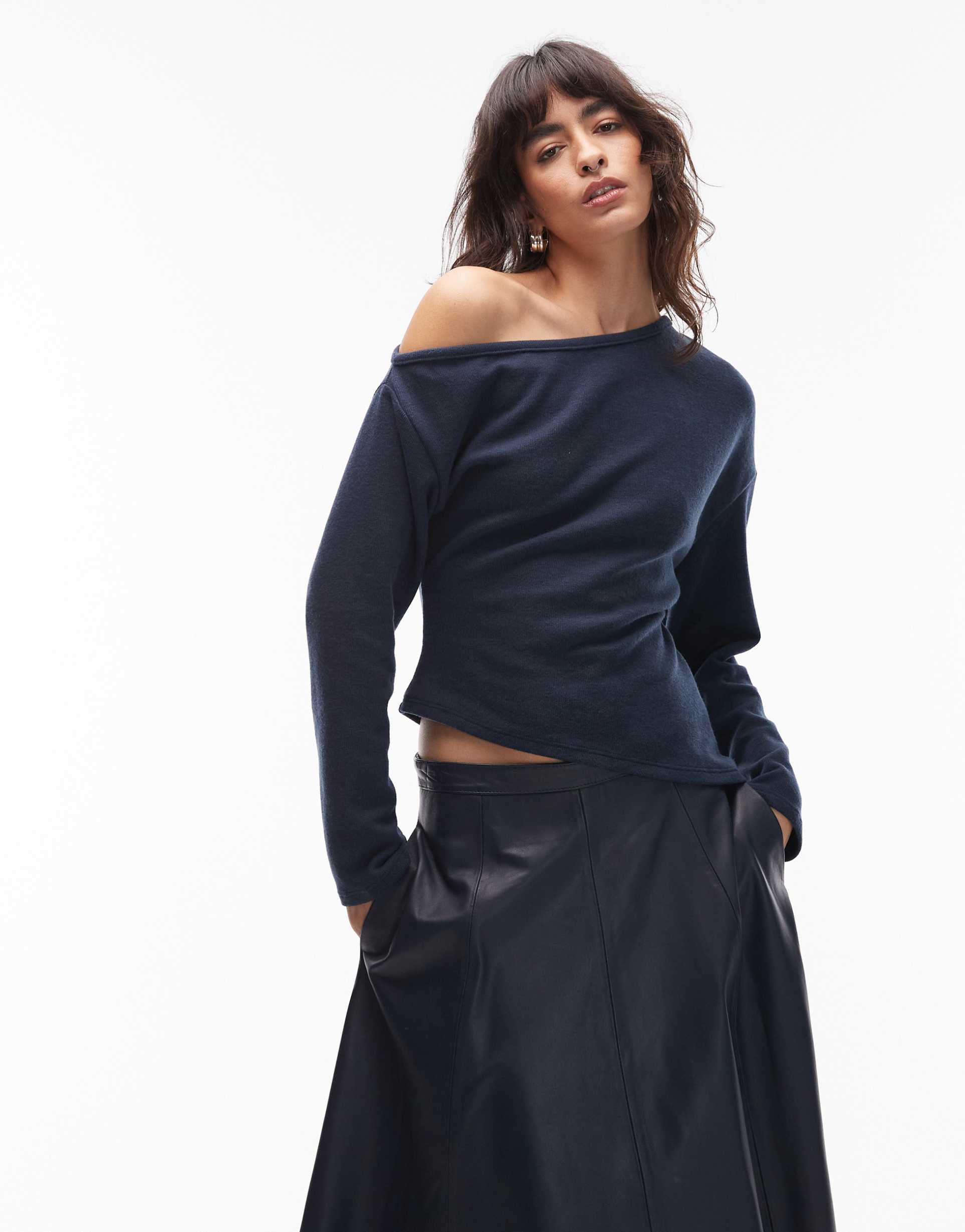 asos design supersoft off shoulder corset waist long sleeve top in navy