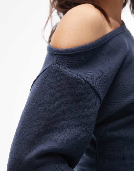 ASOS DESIGN supersoft off shoulder corset waist long sleeve top in navy