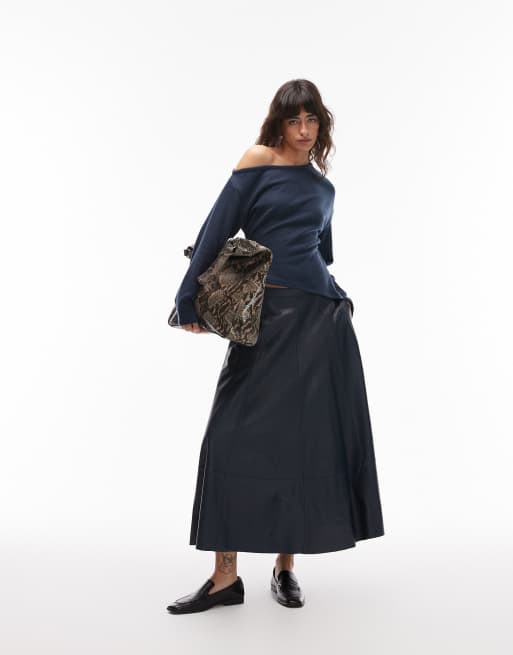 ASOS DESIGN supersoft off shoulder corset waist long sleeve top in navy