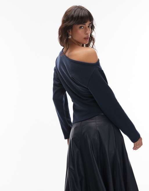 ASOS DESIGN supersoft off shoulder corset waist long sleeve top in navy