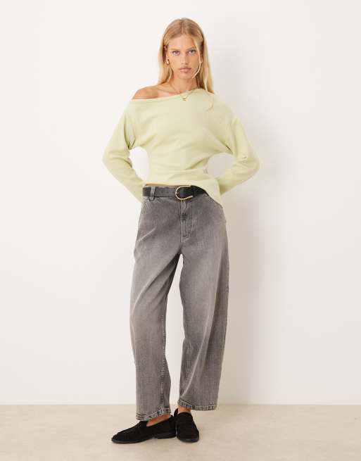 ASOS DESIGN soft touch off the shoulder corset waist long sleeve top in pastel green