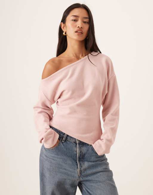 ASOS DESIGN Supersoft off shoulder corset waist long sleeve top in pink - LPINK