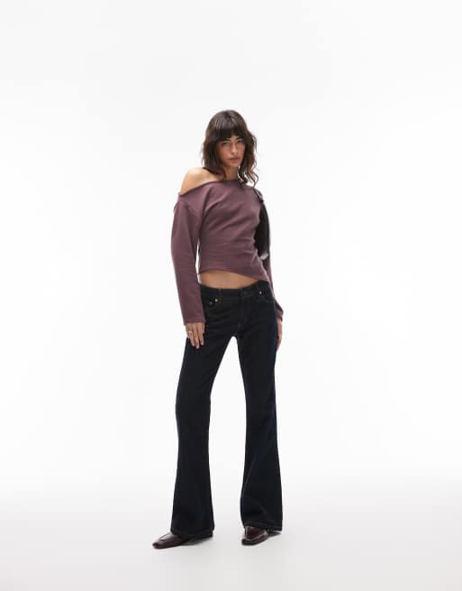 ASOS DESIGN Supersoft off shoulder corset waist long sleeve top in plum, 2 of 4