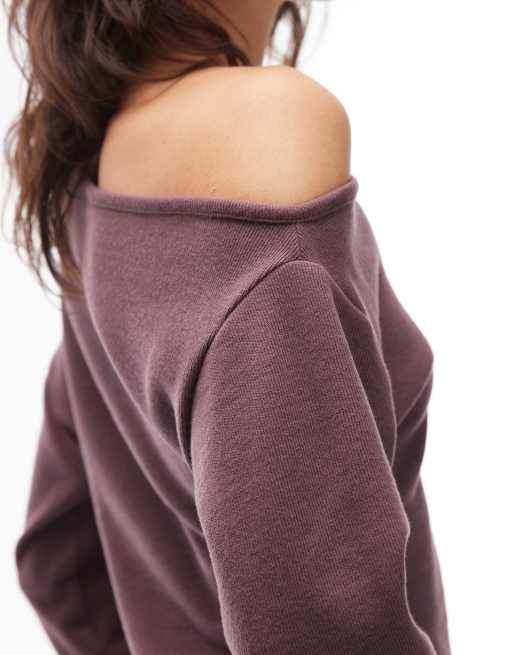 ASOS DESIGN Supersoft off shoulder corset waist long sleeve top in plum, 4 of 4