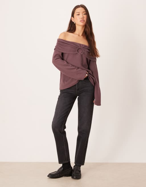 ASOS DESIGN Supersoft off shoulder hardware detail jumper in dusty plum, 2 of 4