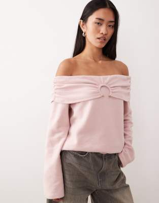 Asos Design Supersoft Off Shoulder Hardware Detail Sweater In Pink