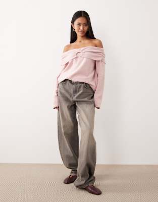 Asos Design Supersoft Off Shoulder Hardware Detail Sweater In Pink