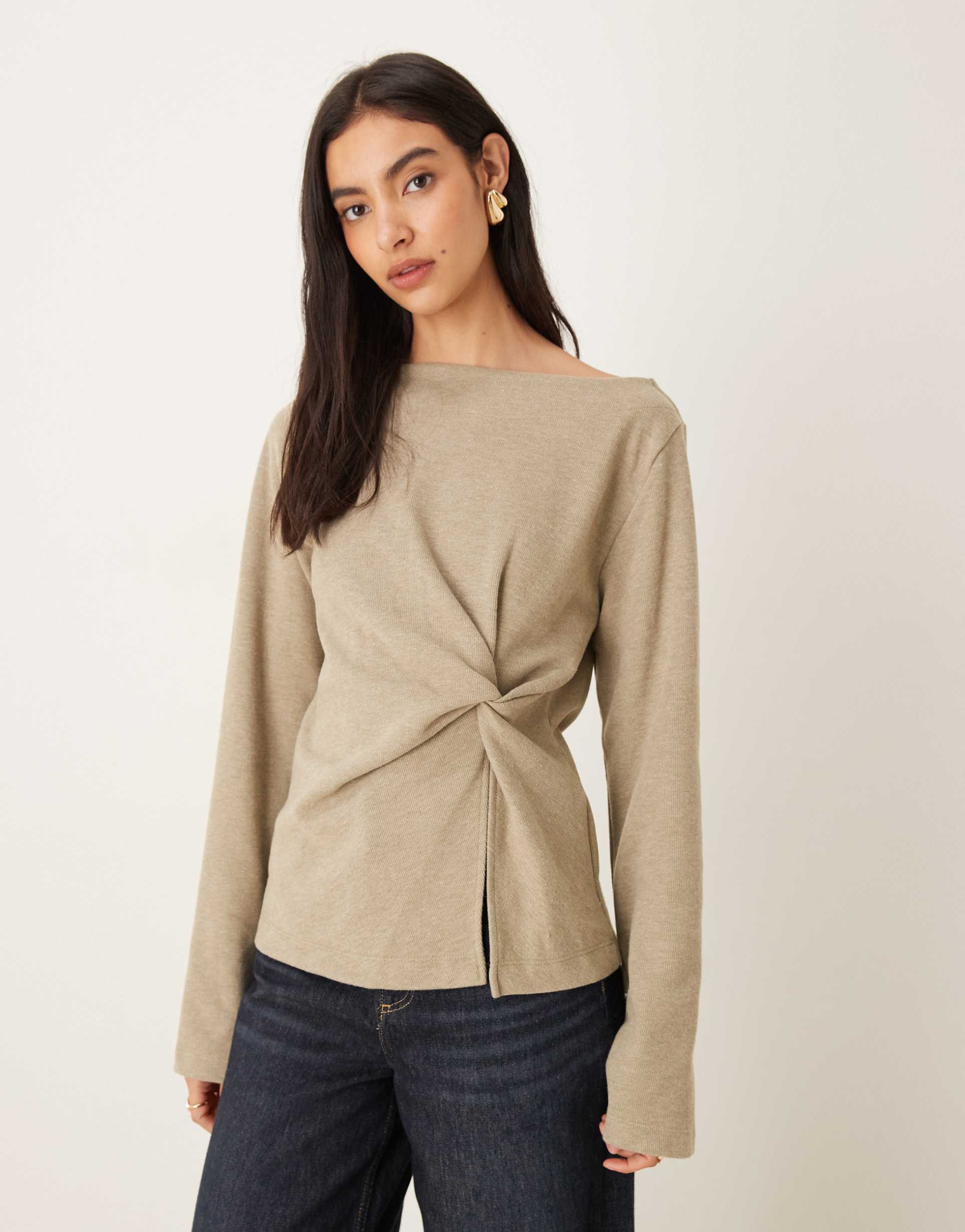 asos design supersoft off shoulder knot detail long sleeve top in stone