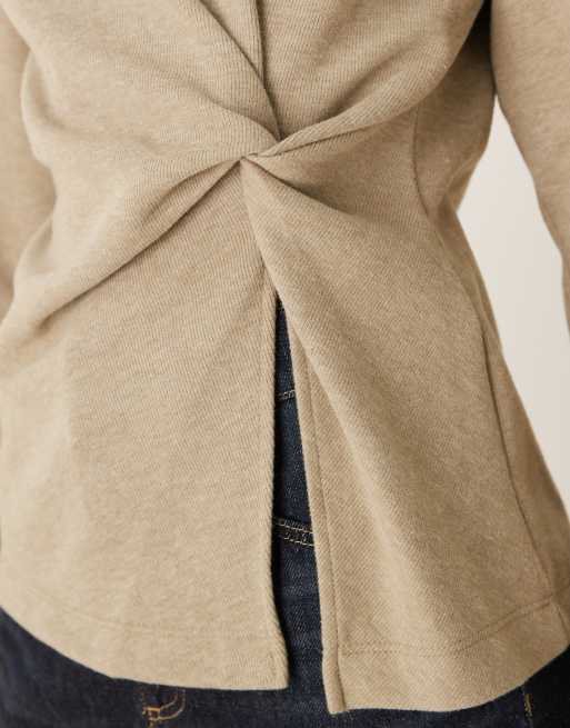ASOS DESIGN supersoft off shoulder knot detail long sleeve top in stone, 3 of 4