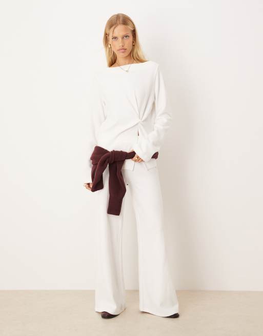 ASOS DESIGN supersoft off shoulder knot detail long sleeve top in winter white, 4 of 4