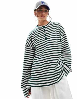 supersoft oversized henley in green stripe-Multi