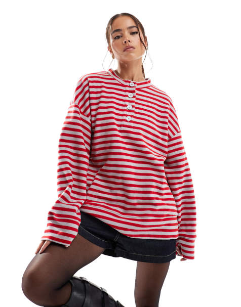 ASOS DESIGN supersoft oversized henley in red and charcoal stripe - view 1
