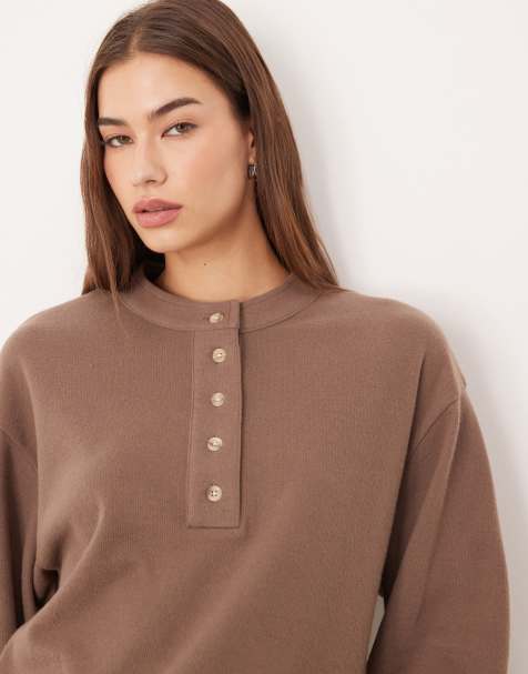 ASOS DESIGN supersoft oversized henley jumper in chocolate