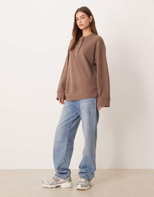 ASOS DESIGN supersoft oversized henley sweater in chocolate, 2 of 4