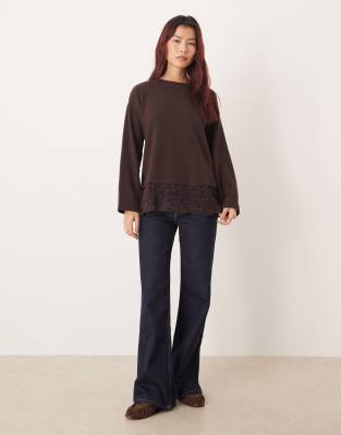 Asos Design Supersoft Oversized Long Sleeve Top With Lace Hem In Brown