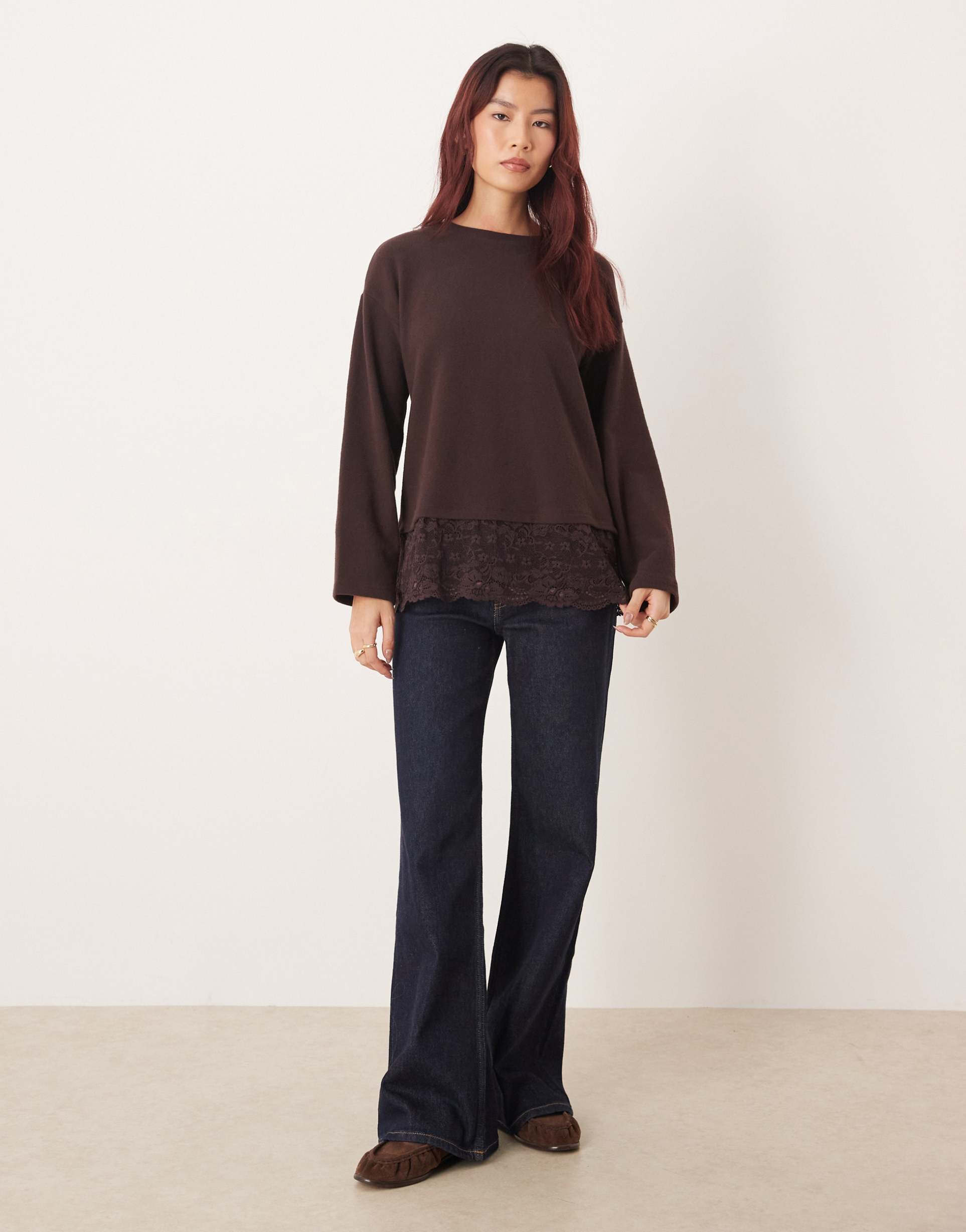 asos design supersoft oversized long sleeve top with lace hem in brown