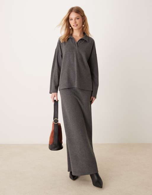 ASOS DESIGN supersoft oversized polo top and fishtail skirt set in gray heather
