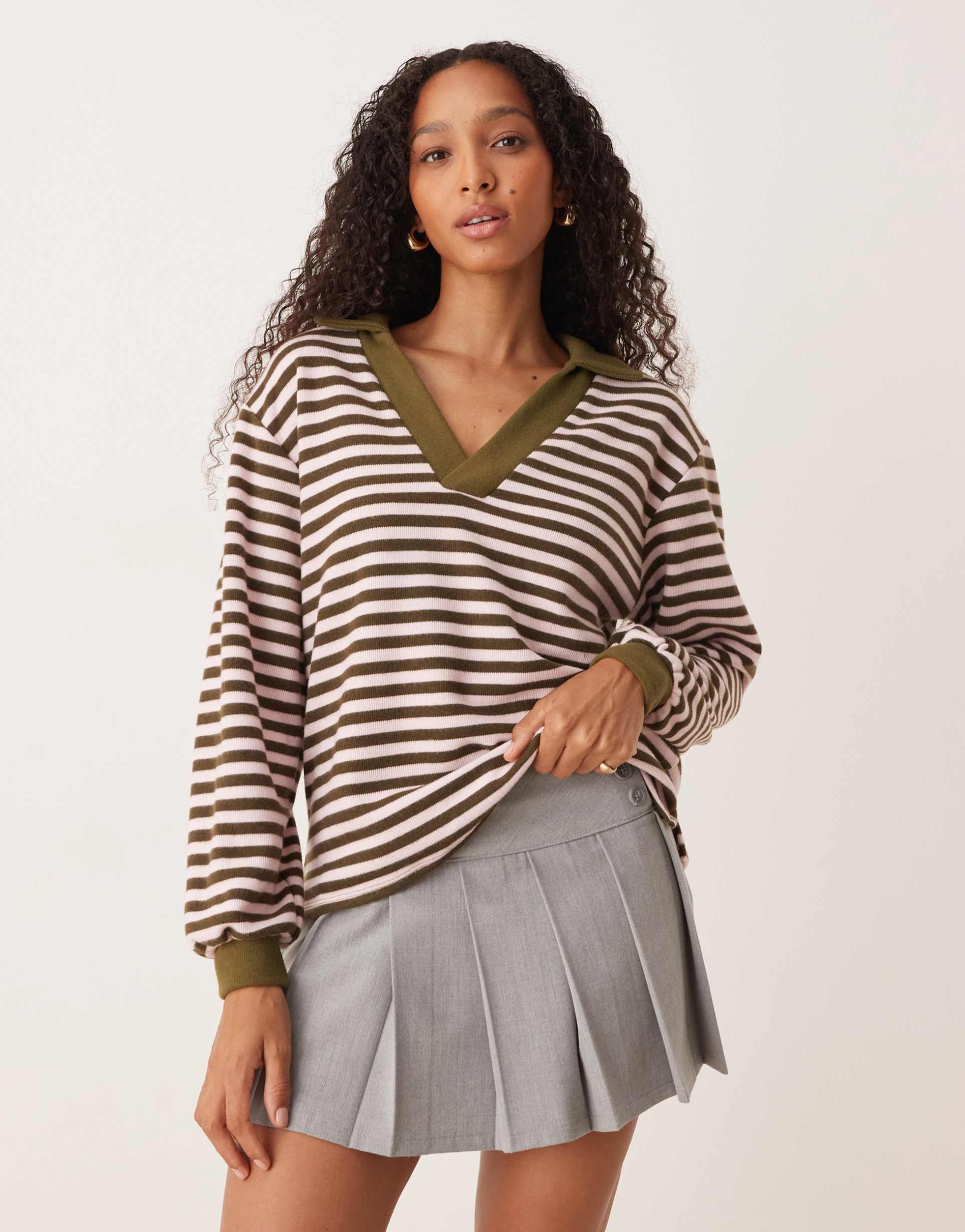 asos design supersoft oversized rugby top in khaki stripe