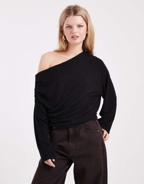 ASOS DESIGN supersoft oversized slouchy off shoulder top in black - view 1