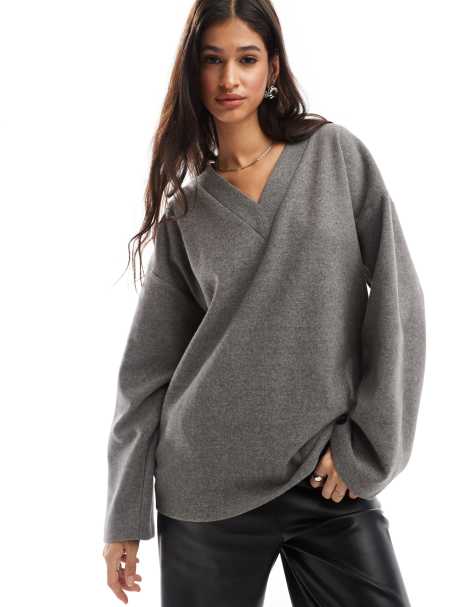 ASOS DESIGN supersoft oversized V neck jumper in charcoal