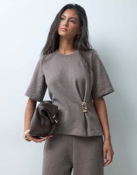 ASOS DESIGN supersoft pinch detail set t-shirt in brown - view 1