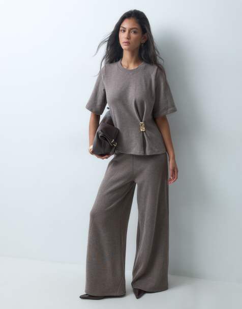 ASOS DESIGN supersoft pinch t-shirt and wide leg trouser co-ord in brown - view 1