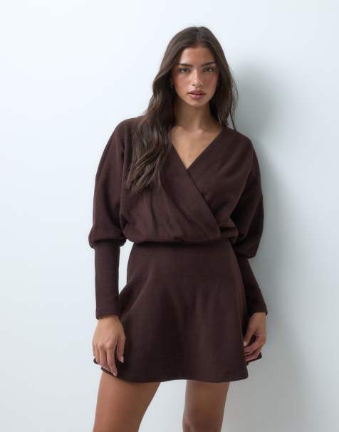 ASOS DESIGN supersoft plunge batwing long sleeve mini dress in chocolate - view 1