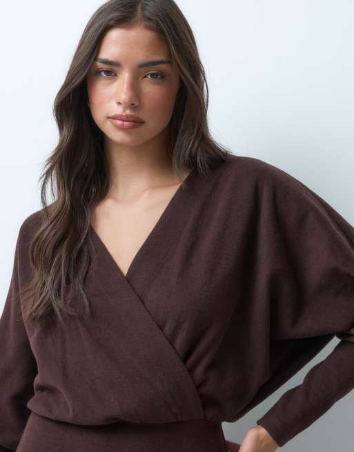 ASOS DESIGN supersoft plunge batwing long sleeve mini dress in chocolate, 3 of 5