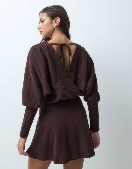 ASOS DESIGN supersoft plunge batwing long sleeve mini dress in chocolate, 5 of 5
