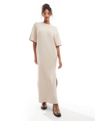 supersoft premium rib T shirt midi dress in oat-White