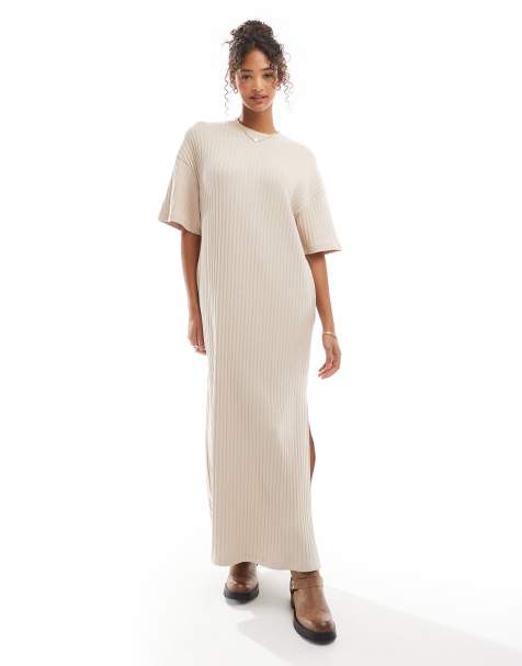 ASOS DESIGN supersoft premium rib T shirt midi dress in oat - view 1