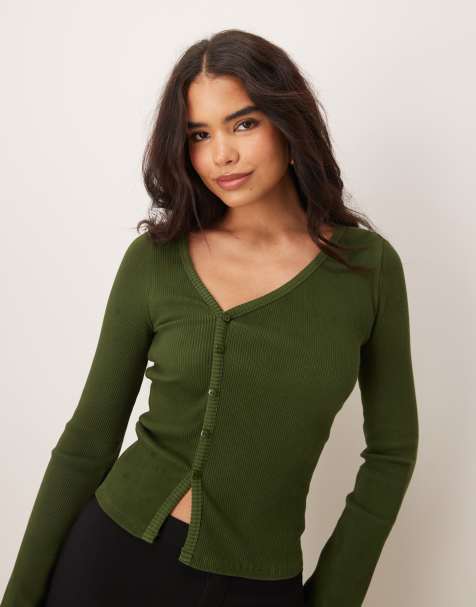 ASOS DESIGN supersoft rib asymmetric top in khaki - view 1