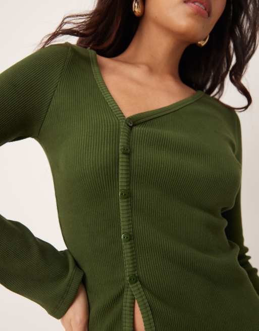 ASOS DESIGN supersoft ribbed asymmetric top in olive