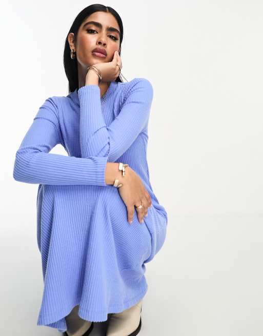 ASOS DESIGN supersoft rib crew neck midi dress with long sleeve in blue - MBLUE, 2 of 4