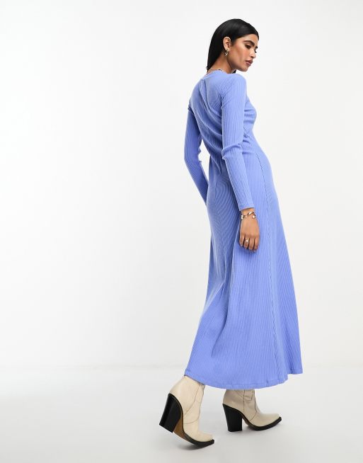 ASOS DESIGN supersoft rib crew neck midi dress with long sleeve in blue, 4 of 4