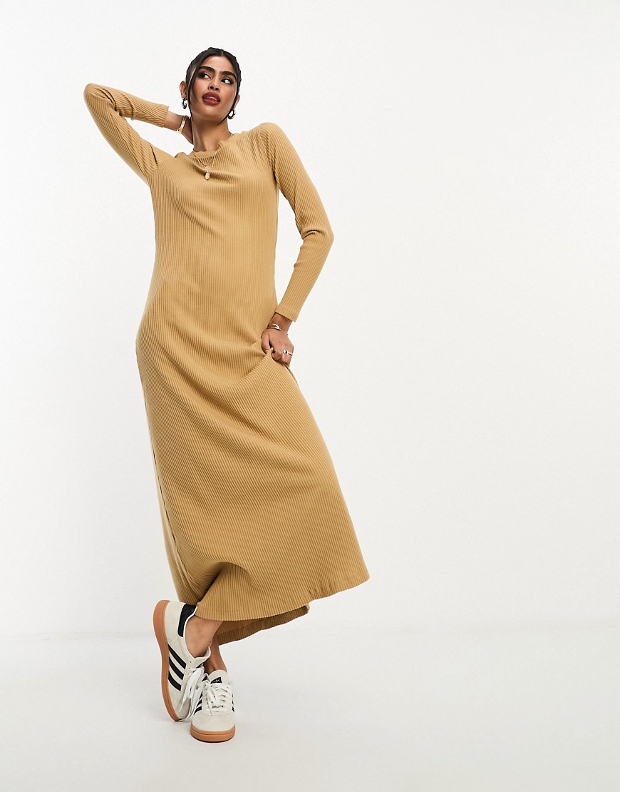 ASOS DESIGN supersoft rib crew neck midi dress with long sleeve in camel-Brown