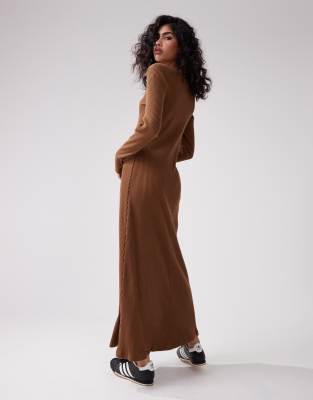 ASOS DESIGN supersoft rib crew neck midi dress with long sleeve in chocolate