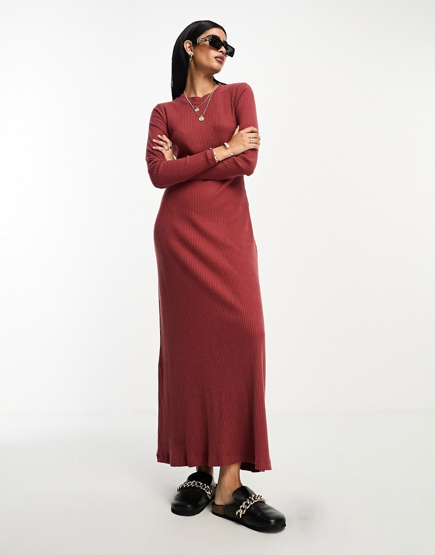 ASOS DESIGN supersoft rib crew neck midi dress with long sleeve rusty red
