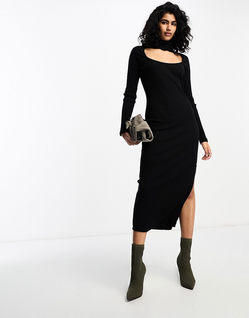 ASOS DESIGN supersoft rib long sleeve fitted midi dress with choker detail in black
