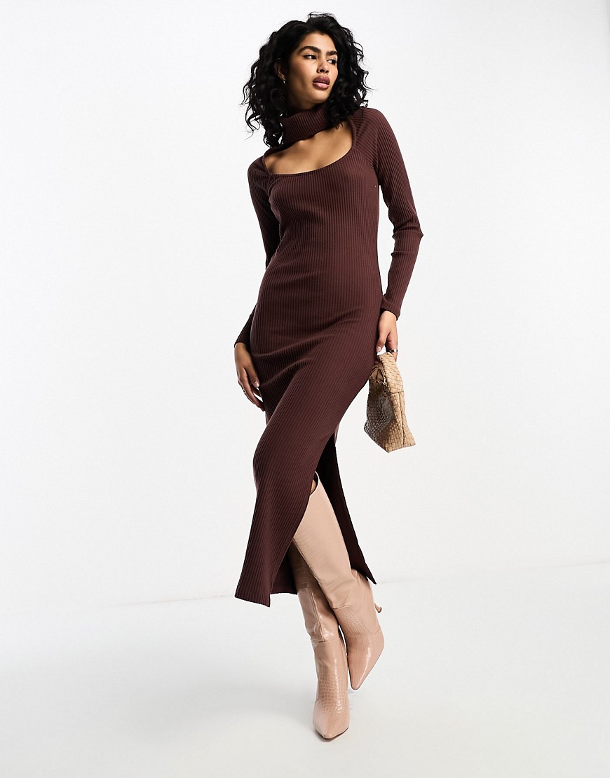 ASOS DESIGN supersoft rib long sleeve fitted midi dress with choker detail in chocolate-Brown