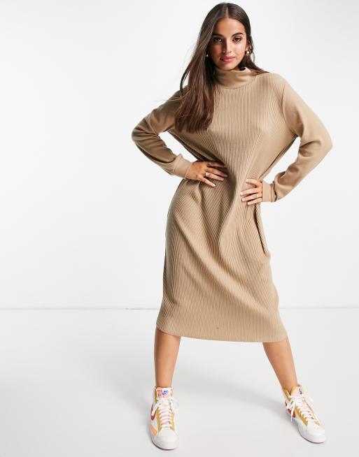 ASOS DESIGN supersoft rib midi jumper dress with polo neck in camel - CAMEL