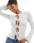 [ASOS DESIGN] ASOS DESIGN supersoft rib tie front top with lace trim collar in grey XS GREY