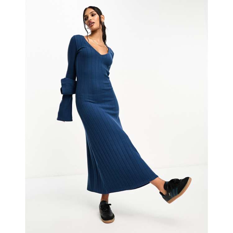 ASOS DESIGN supersoft rib v neck maxi dress in blue | ASOS