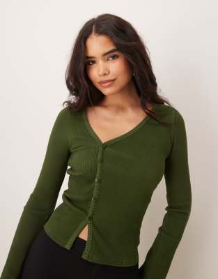 supersoft ribbed asymmetric top in olive-Green