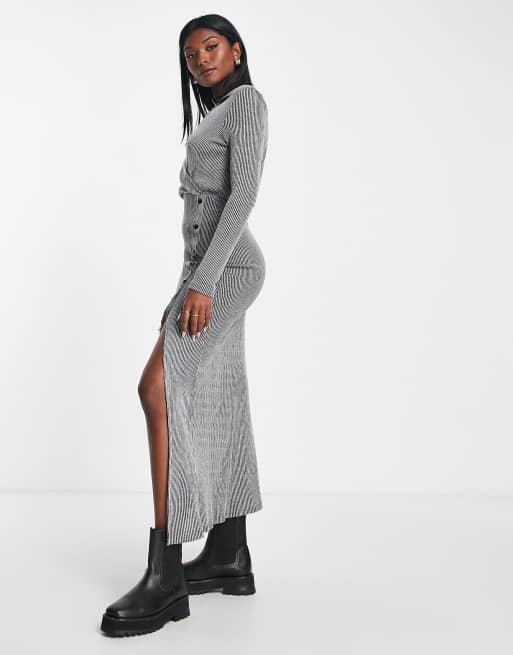 ASOS DESIGN Supersoft ribbed long sleeve maxi dress with collar in gray space dye